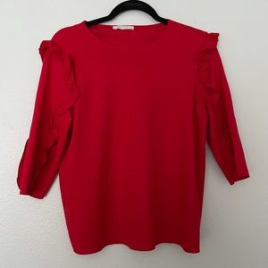 zara frilled sleeve red top